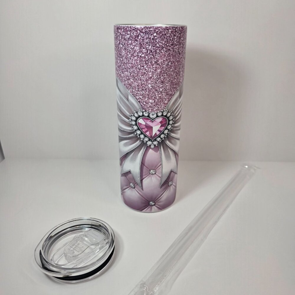 Pink Glitter Heart Bow 20 oz Skinny Tumbler | Glam Rhinestone Bling Tumbler - Picture 5 of 6